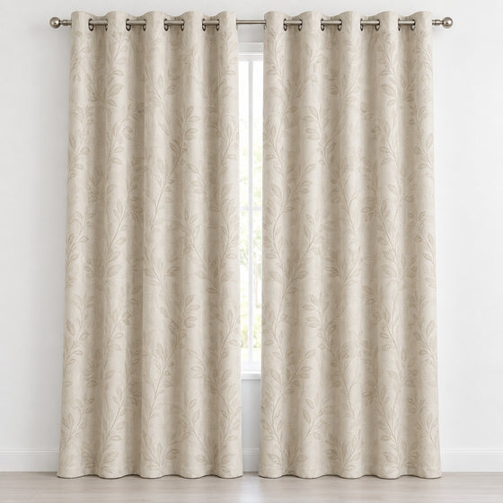 Ivory blackout curtains with subtle botanical pattern and grommet top - Primeval