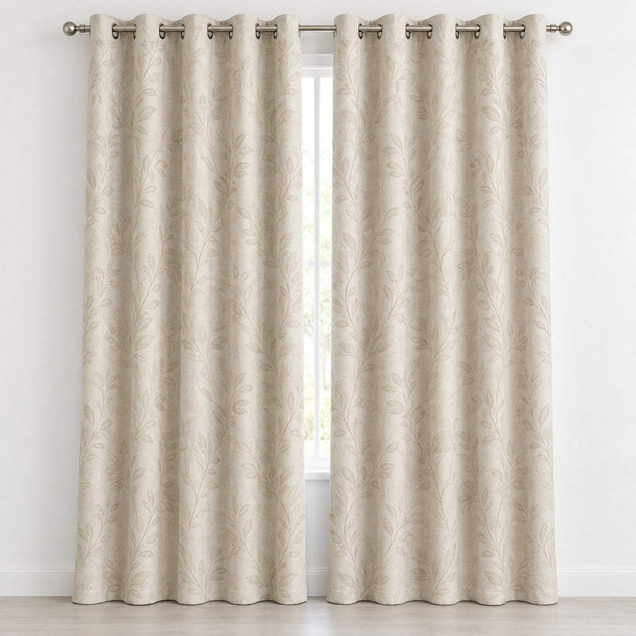 Ivory blackout curtains with subtle botanical pattern and grommet top - Primeval