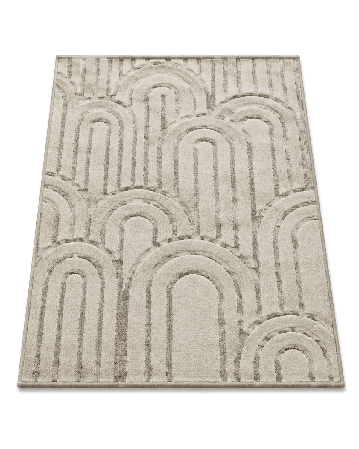 Ivory and taupe hand-tufted area rug with layered arch motifs on a white background.