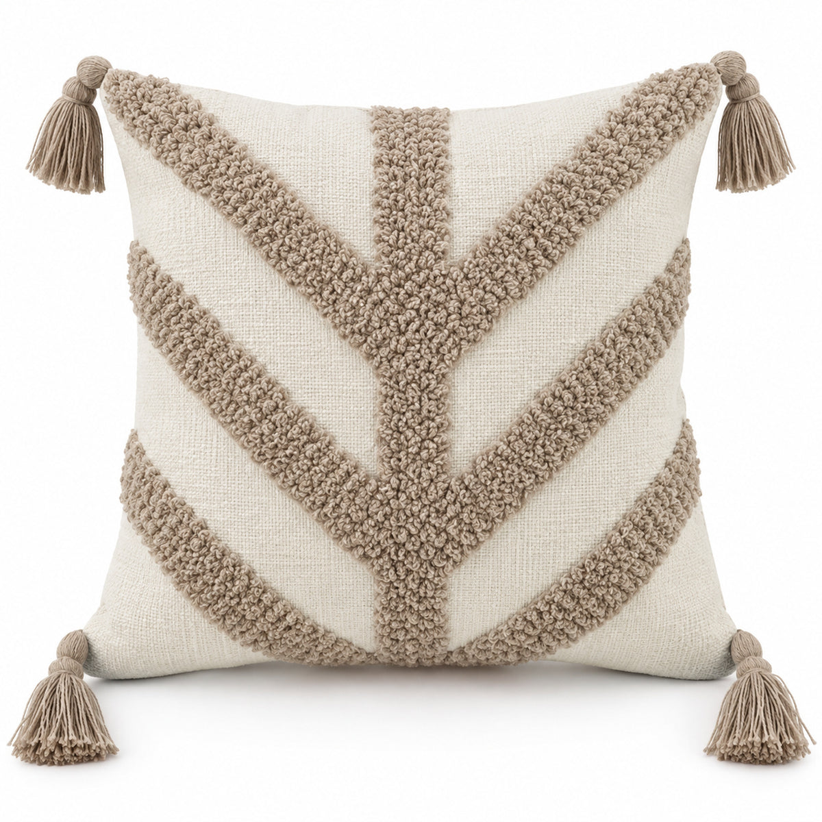 Ivory & Taupe Chevron Tufted Cushion Cover with Tassels – 45 x 45 cm