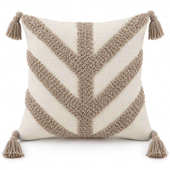 Ivory & Taupe Chevron Tufted Cushion Cover with Tassels – 45 x 45 cm