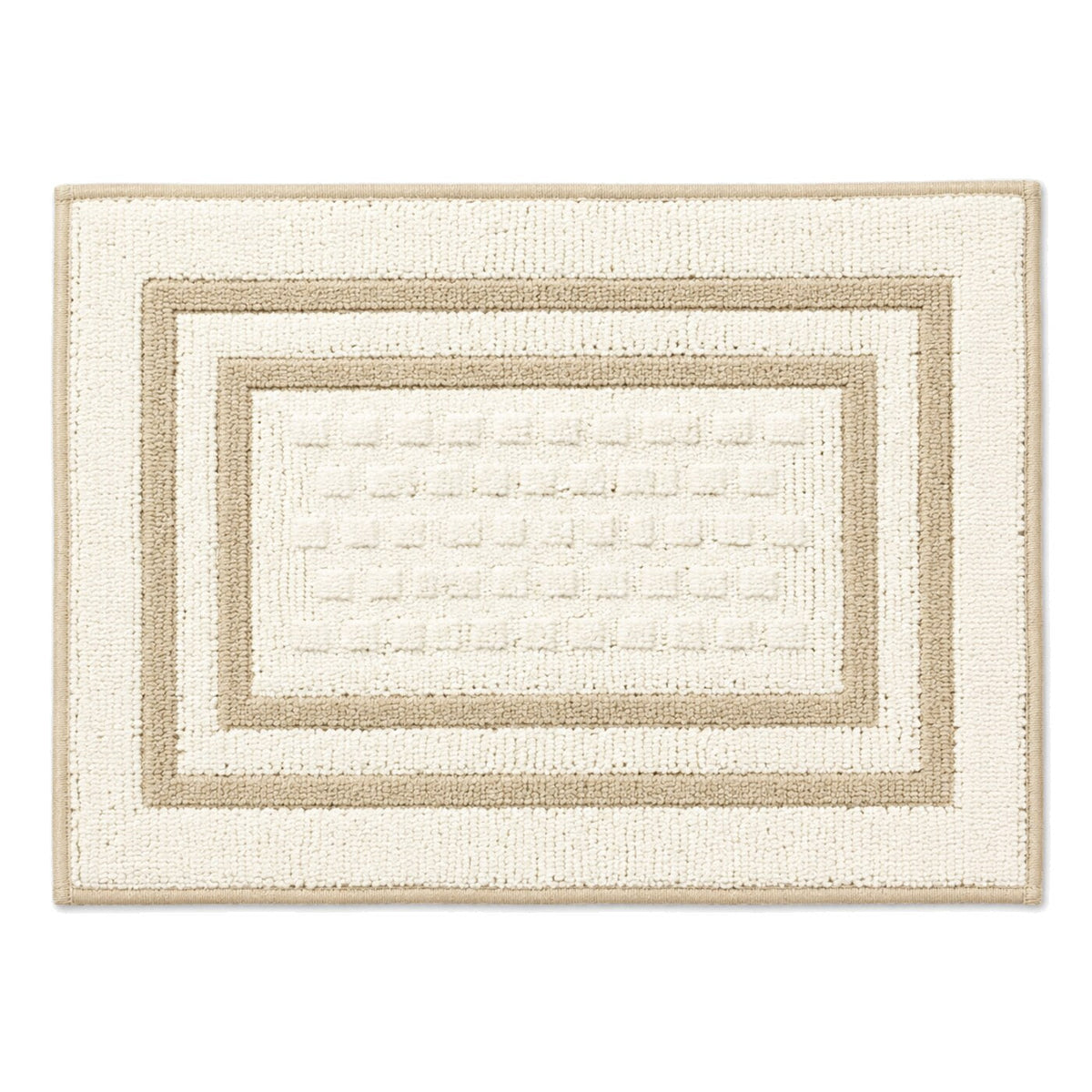 Ivory and taupe layered square border bath mat for modern bathroom decor - Primeval