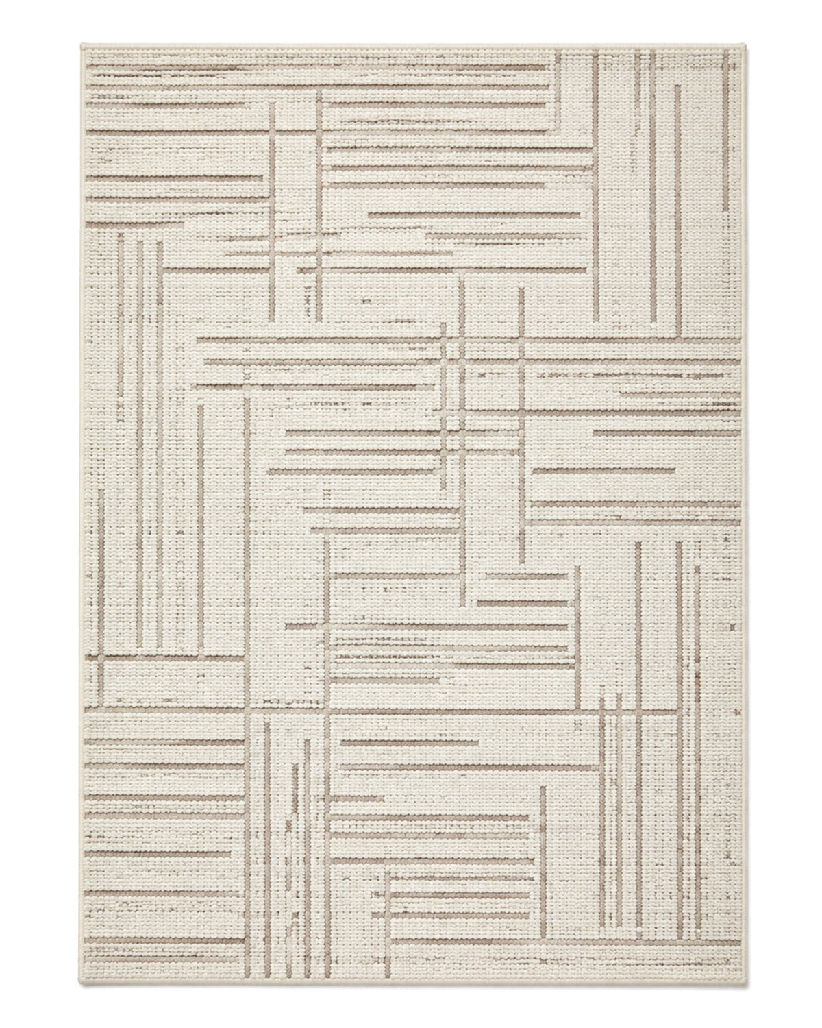 Ivory and taupe loop-pile area rug with intersecting fine linear pattern on a white background.