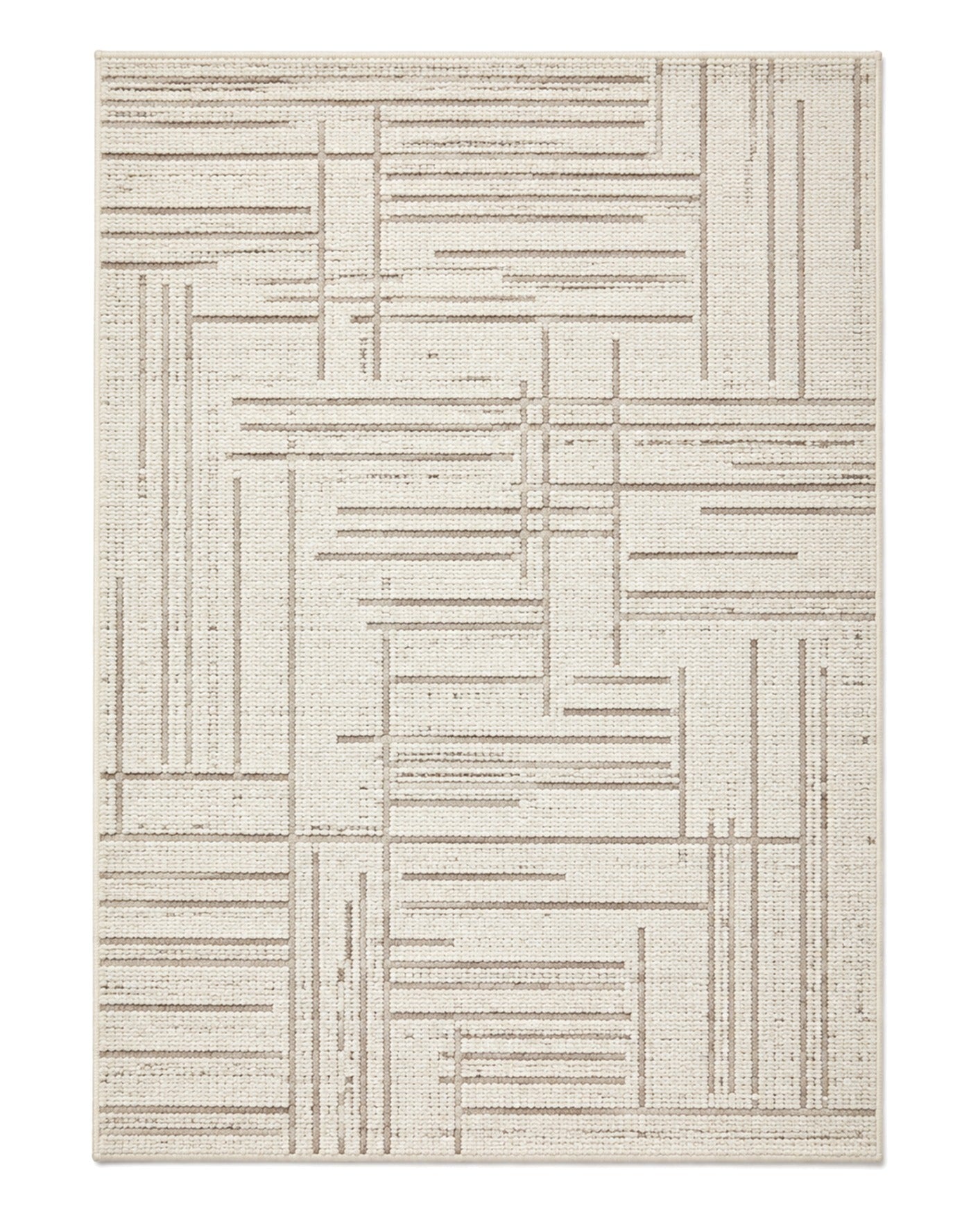 Ivory and taupe loop-pile area rug with intersecting fine linear pattern on a white background.