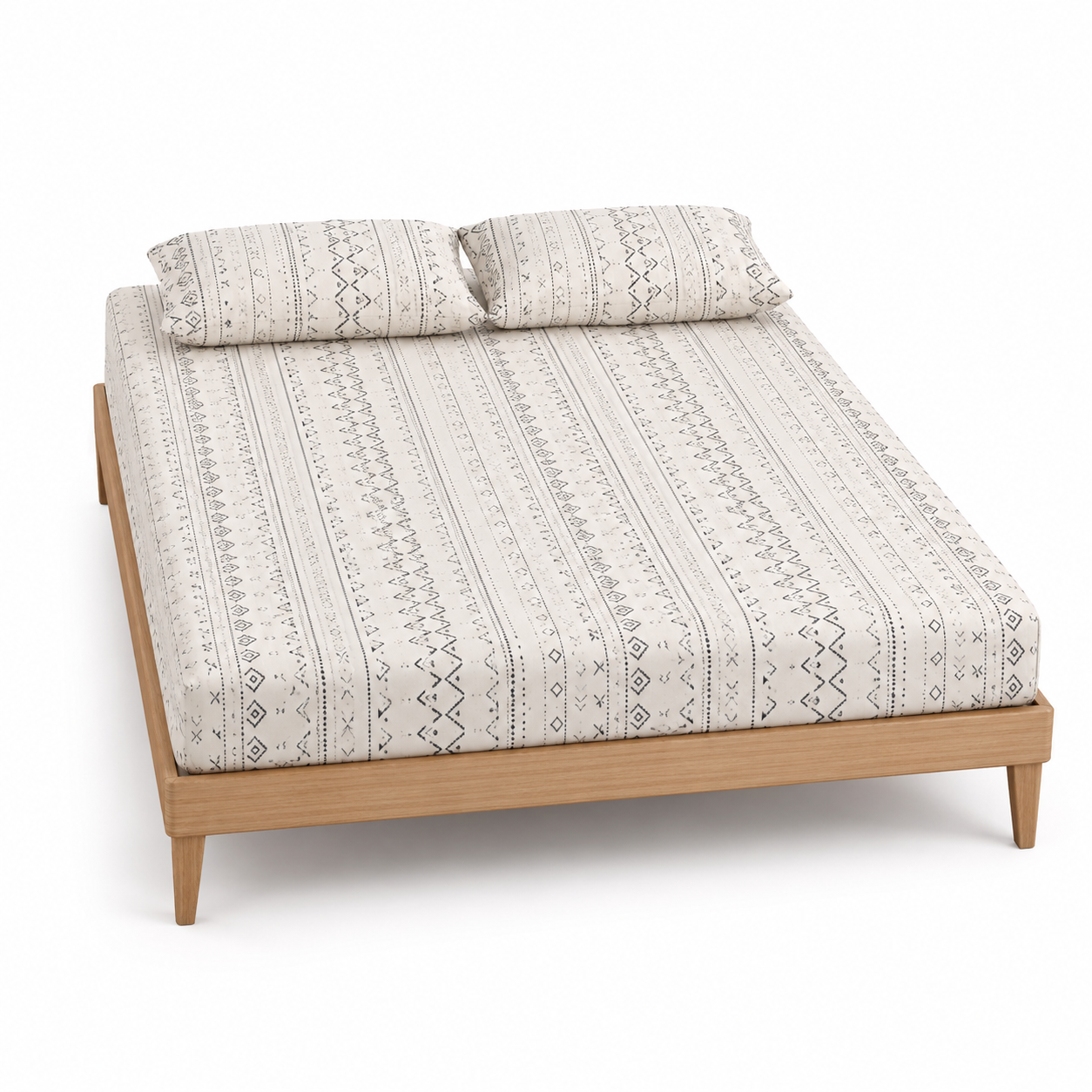 Ivory and taupe Nordic folk stripe bed sheet set with matching pillowcases on a wooden bed
