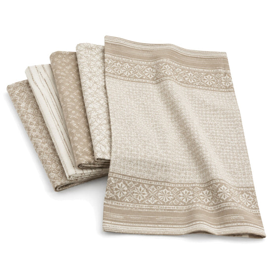 Primeval ivory and taupe ornate decorative border cotton kitchen towel set in folded studio presentation