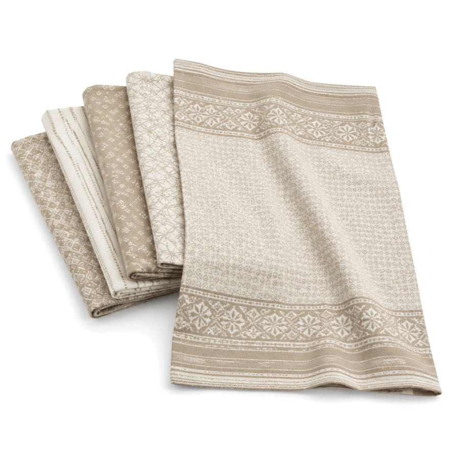 Primeval ivory and taupe ornate decorative border cotton kitchen towel set in folded studio presentation