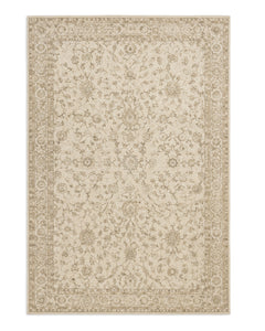Ivory and taupe hand-knotted area rug with an all-over Persian-inspired floral pattern and border on a white background.