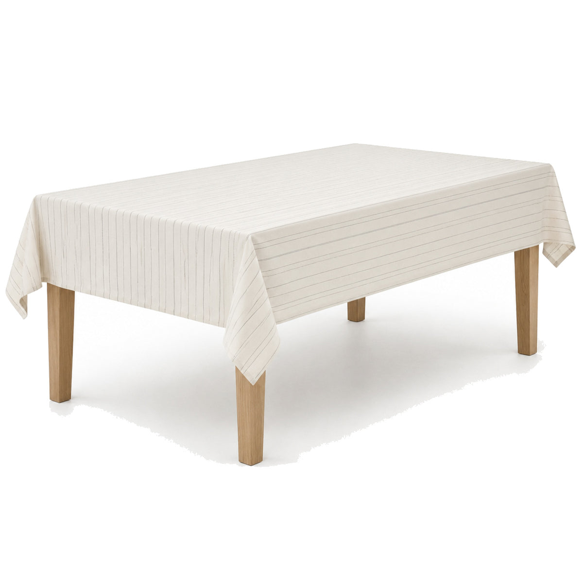 Primeval ivory taupe pinstripe cotton linen tablecloth displayed on a square dining table