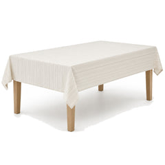 Primeval ivory taupe pinstripe cotton linen tablecloth displayed on a square dining table