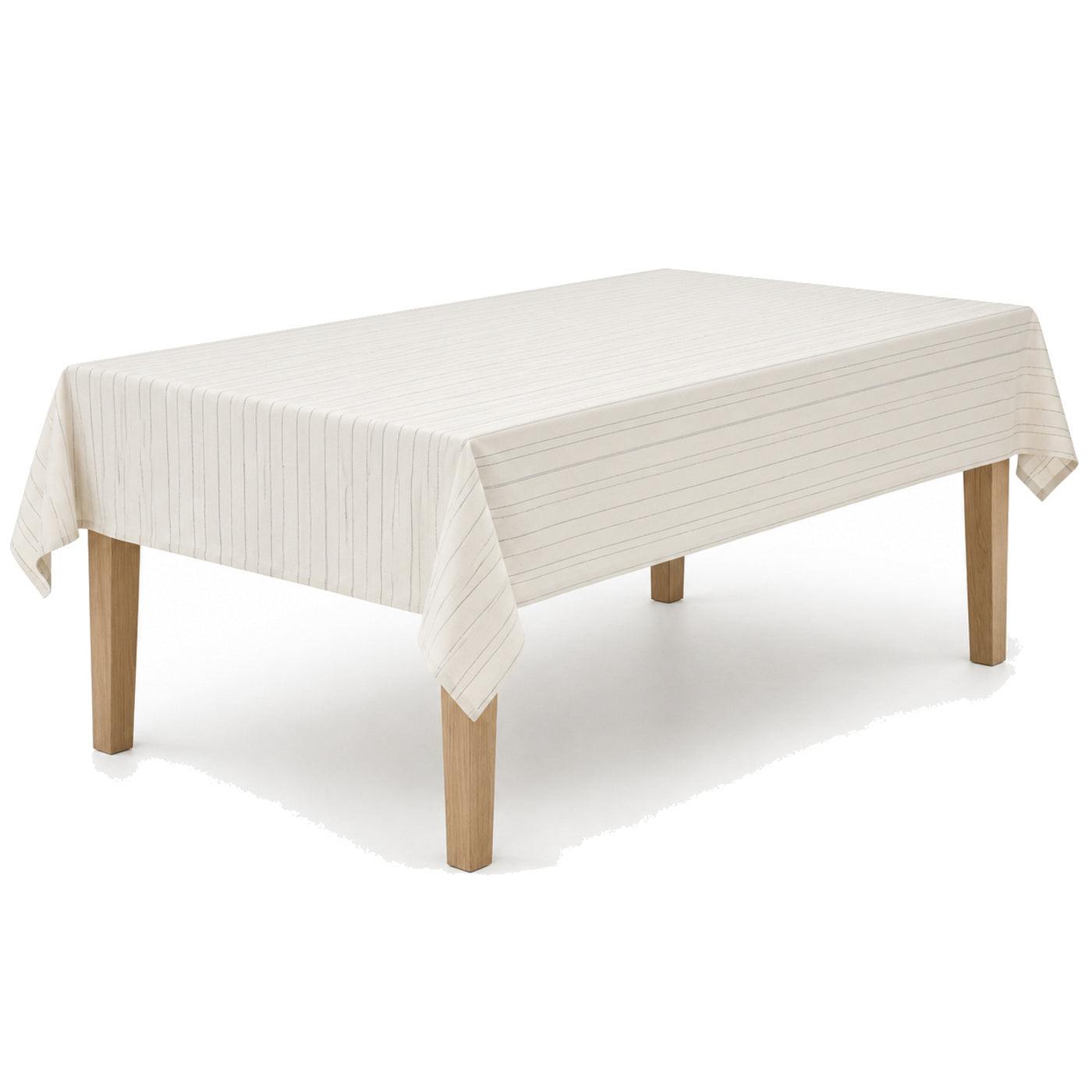 Primeval ivory taupe pinstripe cotton linen tablecloth displayed on a square dining table