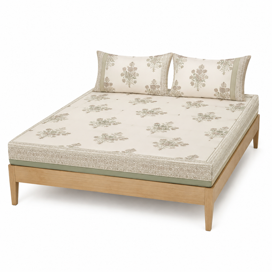 Ivory taupe and sage floral border bed sheet set with matching pillowcases on a wooden bed
