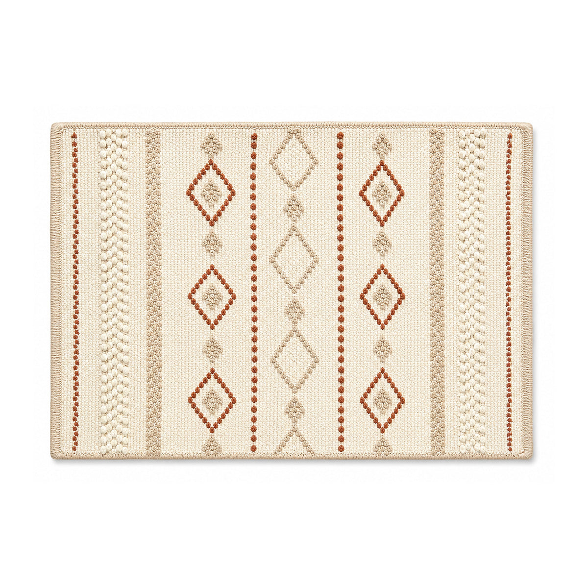 Ivory and terracotta boho diamond textured bath mat on white background