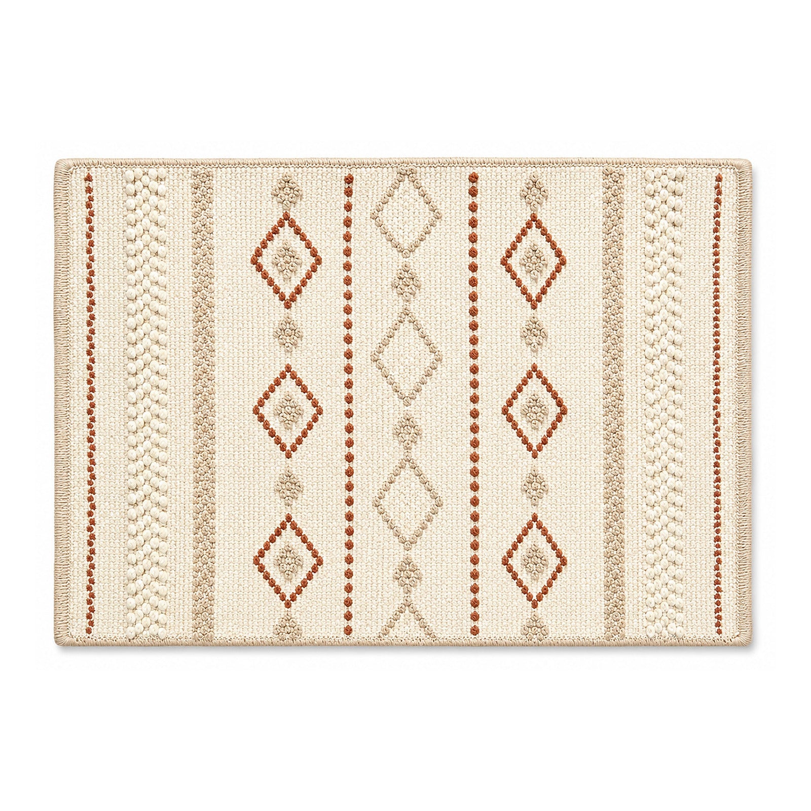 Ivory and terracotta boho diamond textured bath mat on white background