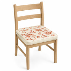 Primeval ivory and terracotta botanical dining chair pad with tie straps on wooden dining chair