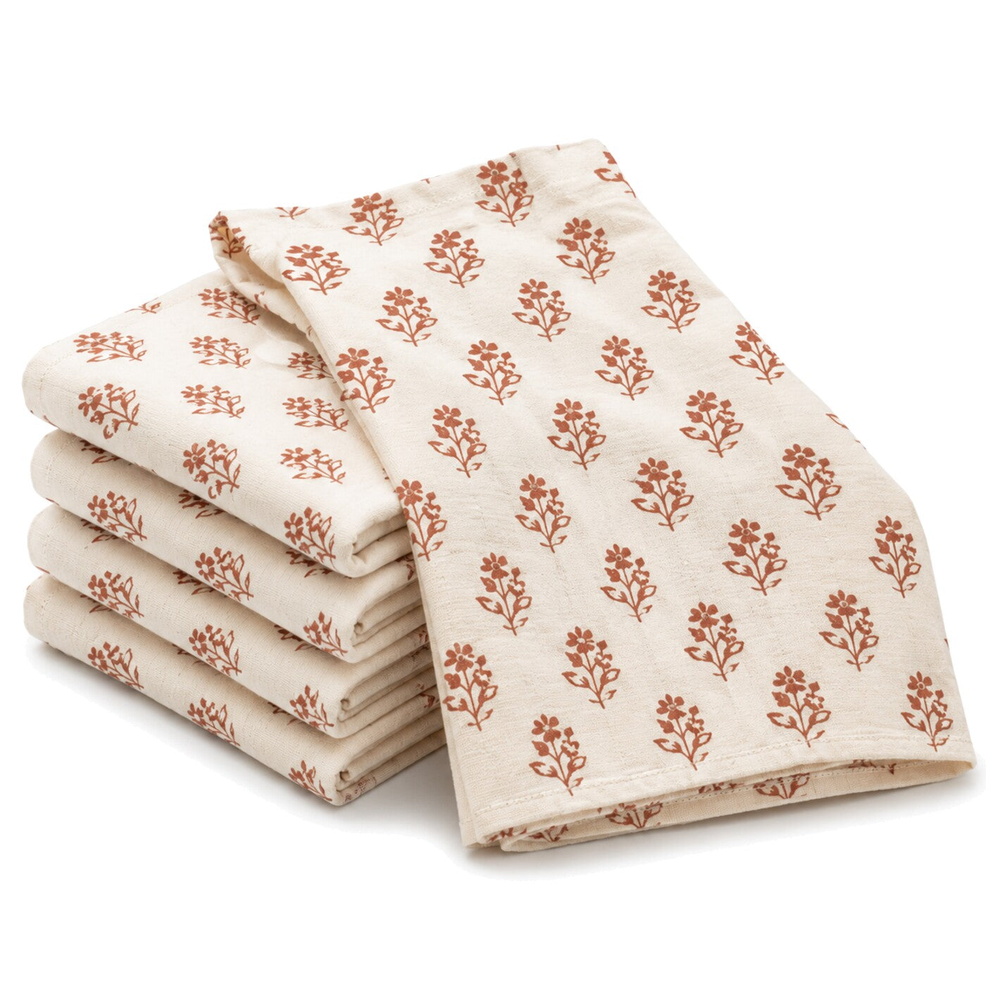 Primeval ivory and terracotta floral sprig print cotton kitchen towel set in folded studio presentation