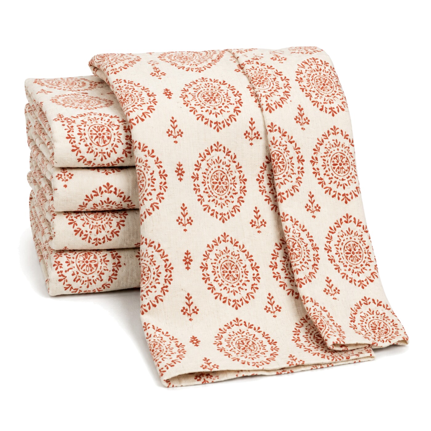 Primeval ivory and terracotta medallion print cotton kitchen towel set in folded studio presentation