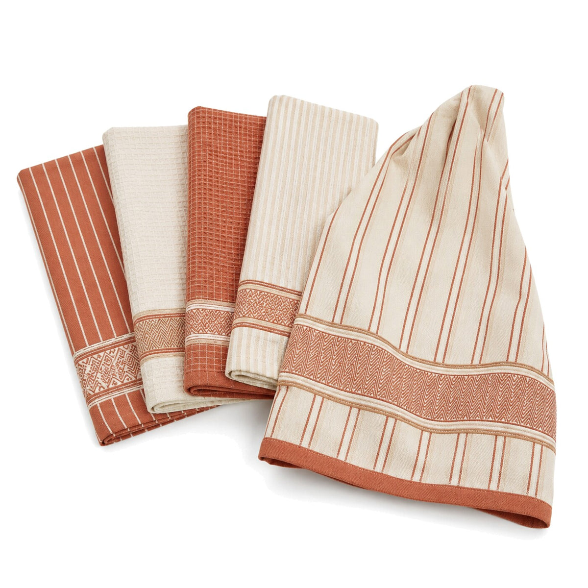 Primeval ivory and terracotta stripe border cotton kitchen towel set in coordinated folded studio presentation