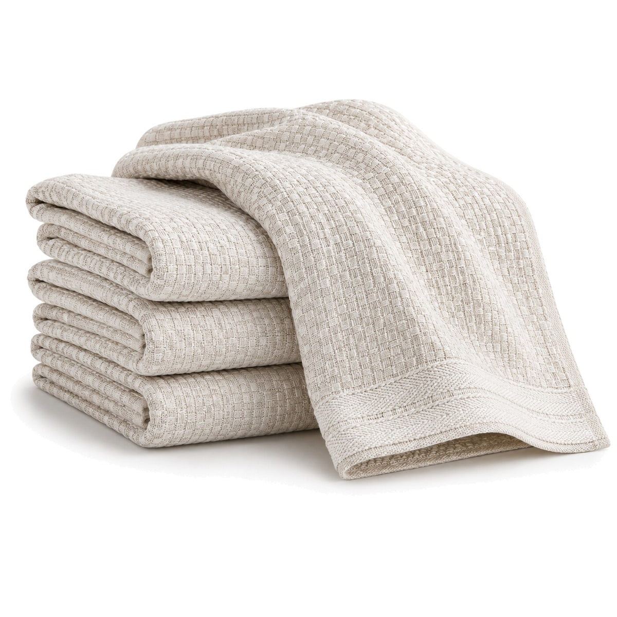 Primeval ivory textured border cotton kitchen towel set in folded studio presentation