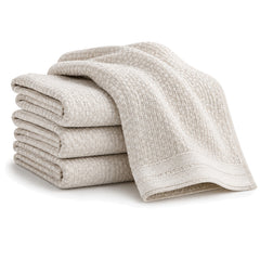 Primeval ivory textured border cotton kitchen towel set in folded studio presentation