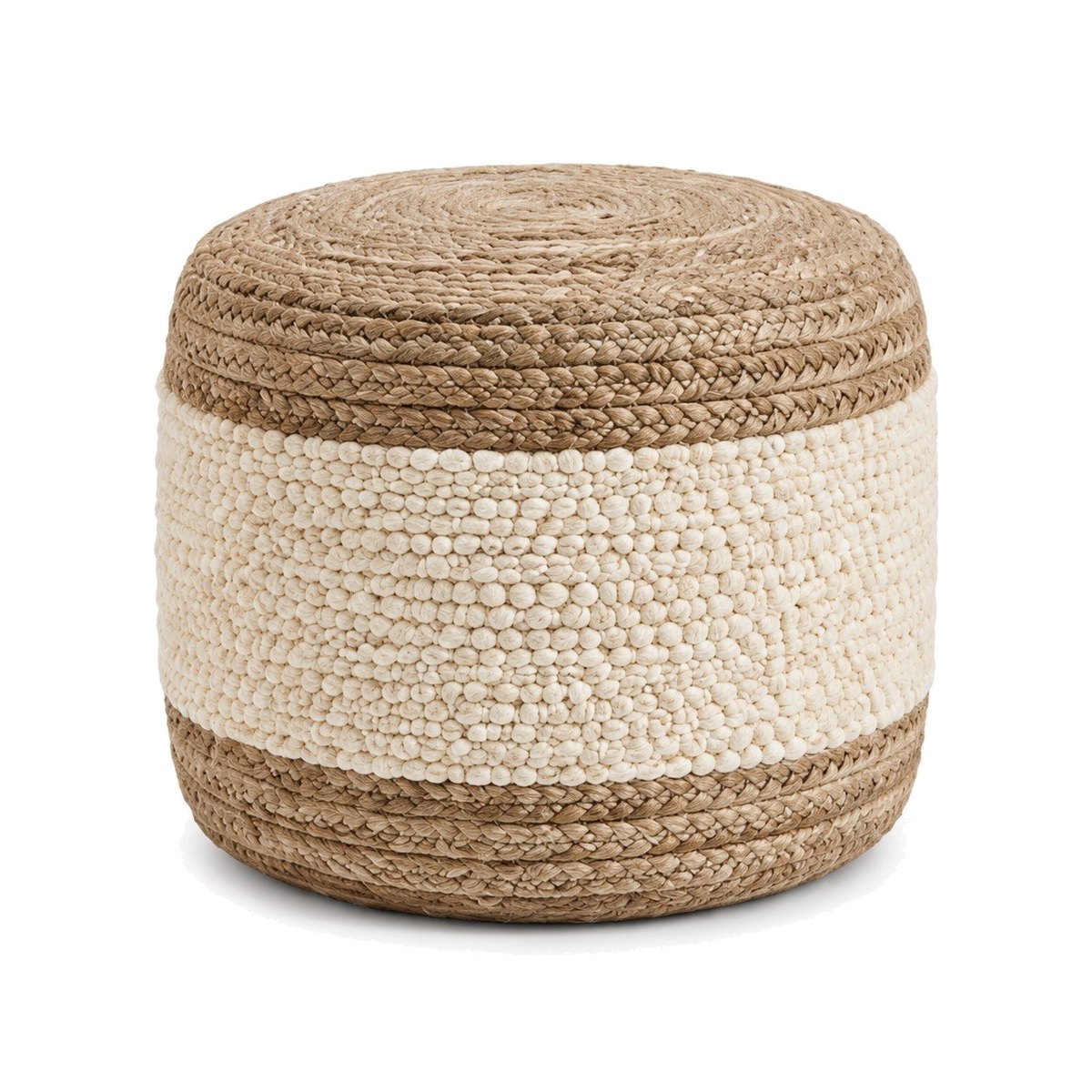 Natural jute round pouf with wide ivory textured center band