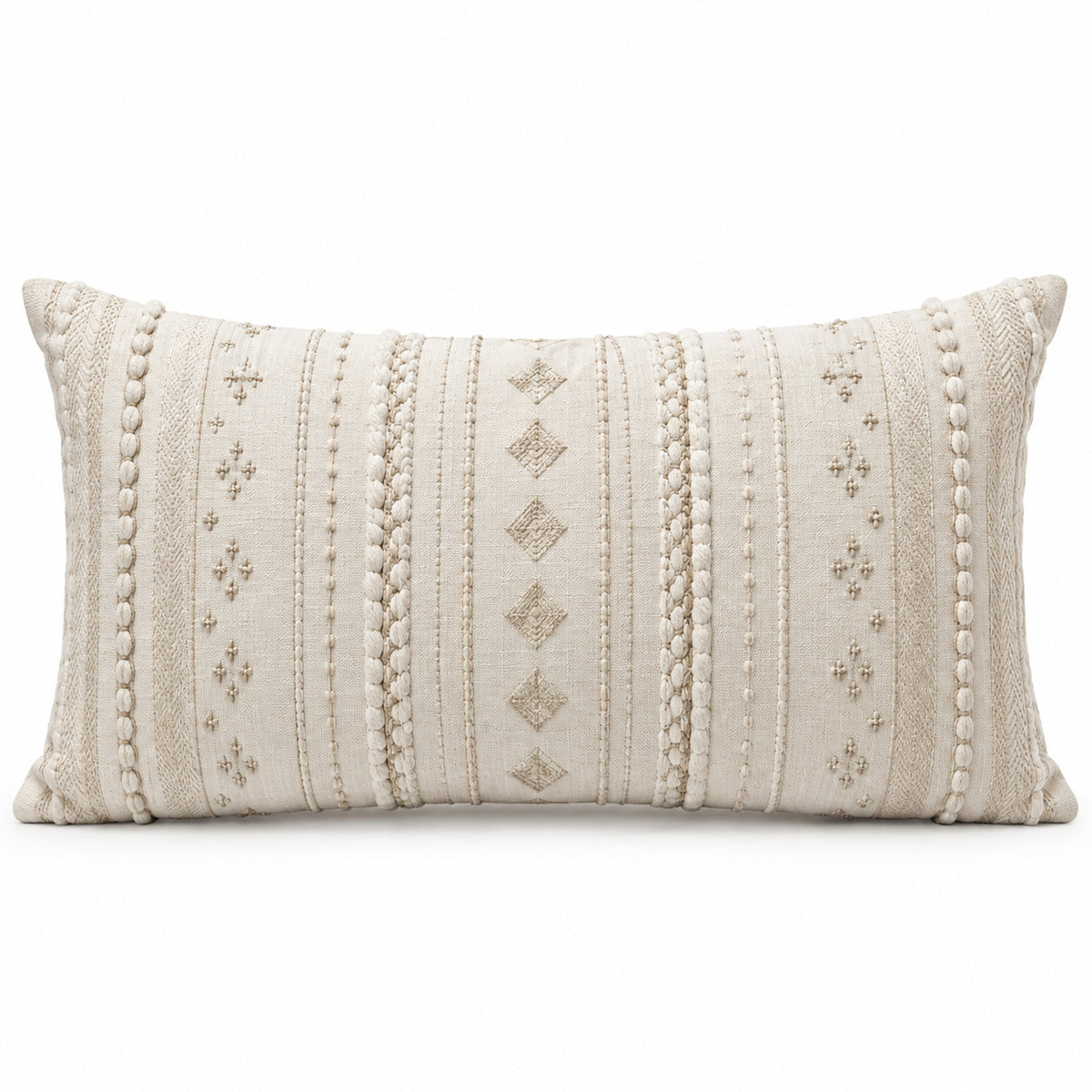 Handcrafted Ivory Textured Geometric Lumbar Cushion Cover – 35 x 60 cm