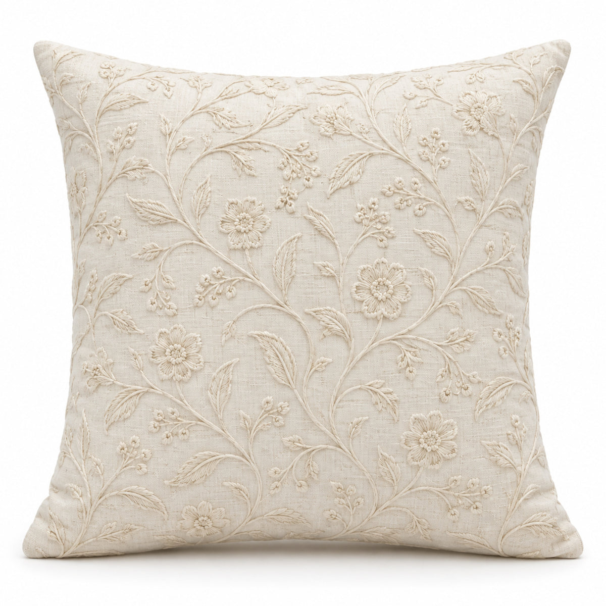 Ivory decorative cushion cover with raised floral vine texture