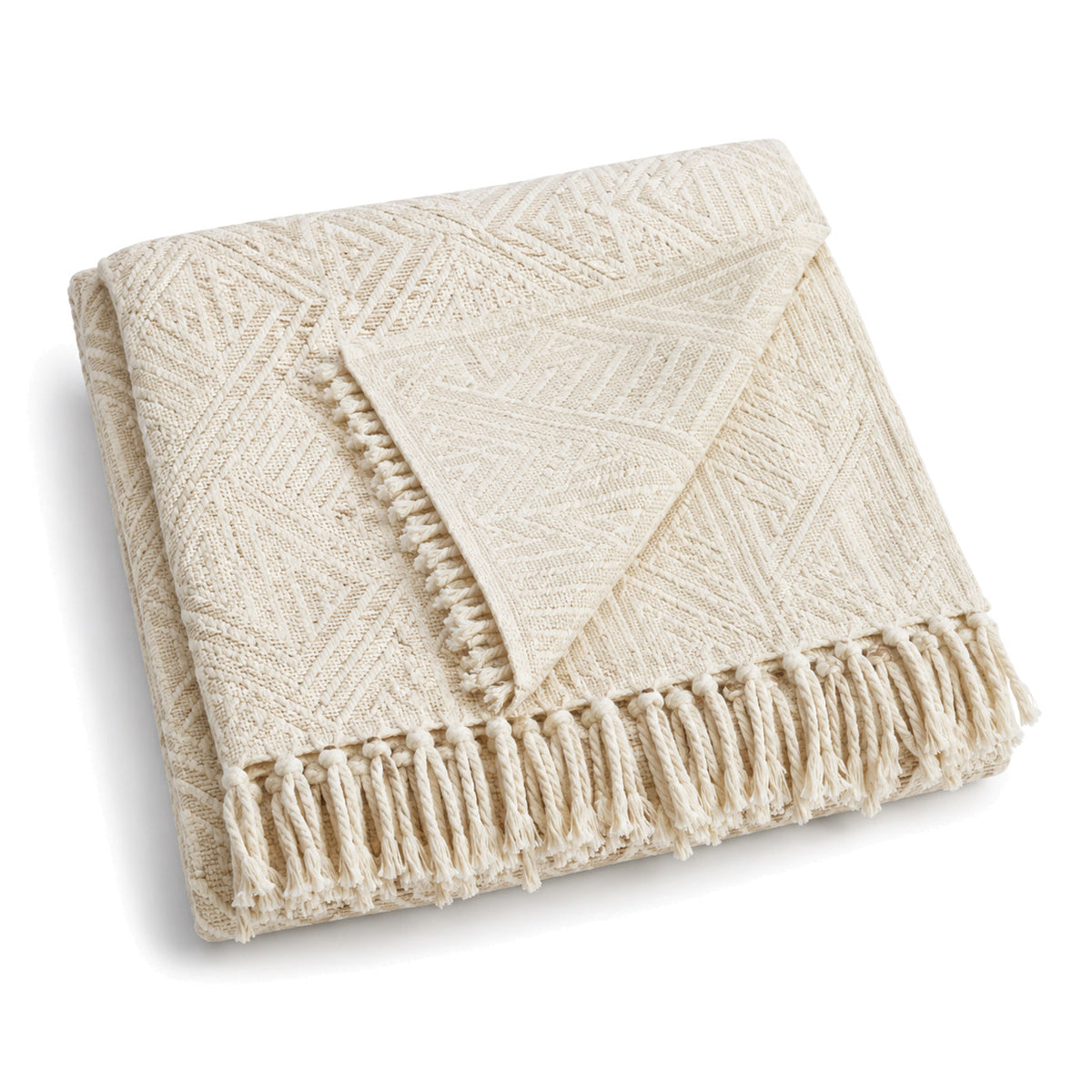 Ivory tonal geometric jacquard cotton throw with fringe 130×170 cm by Primeval