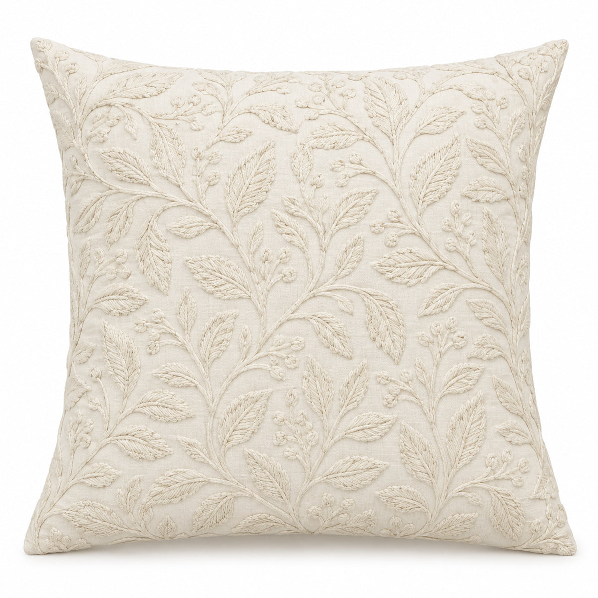 Ivory decorative cushion cover with subtle tone-on-tone botanical leaf pattern