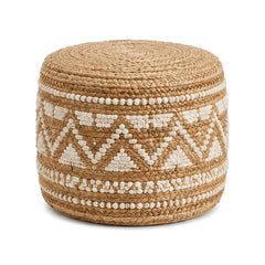 Natural jute pouf with ivory tribal beaded geometric pattern