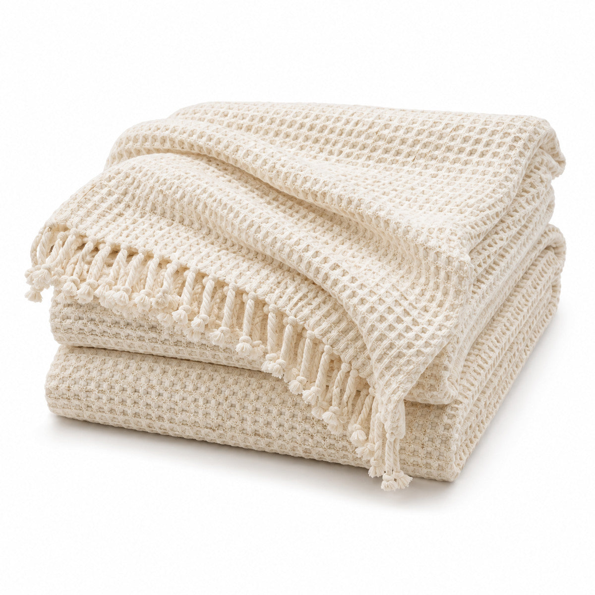 Ivory Waffle Weave Throw with Fringe - Primeval