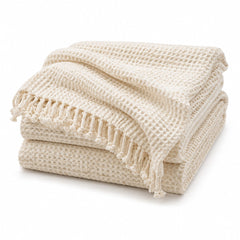 Ivory Waffle Weave Throw with Fringe - Primeval