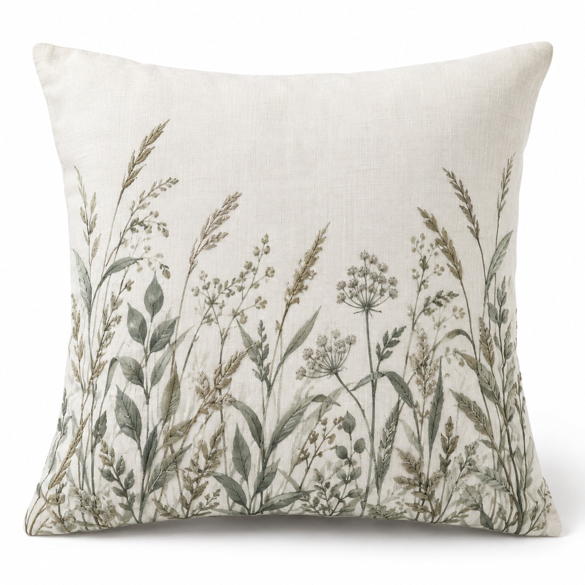 Botanical Wild Grass Cushion Cover – Ivory Floral Nature Design Cushion, 45 x 45 cm
