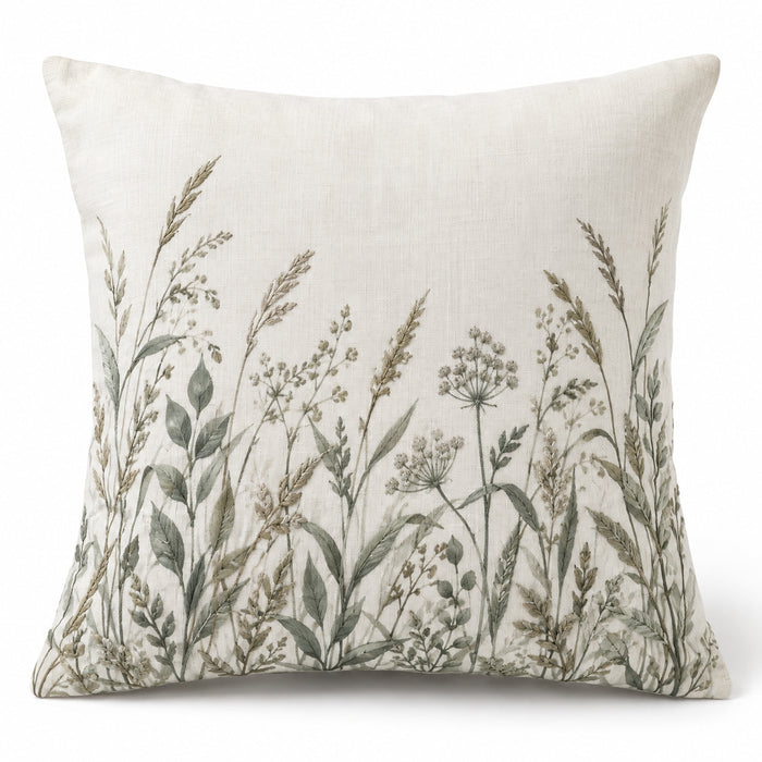 Botanical Wild Grass Cushion Cover – Ivory Floral Nature Design Cushion, 45 x 45 cm