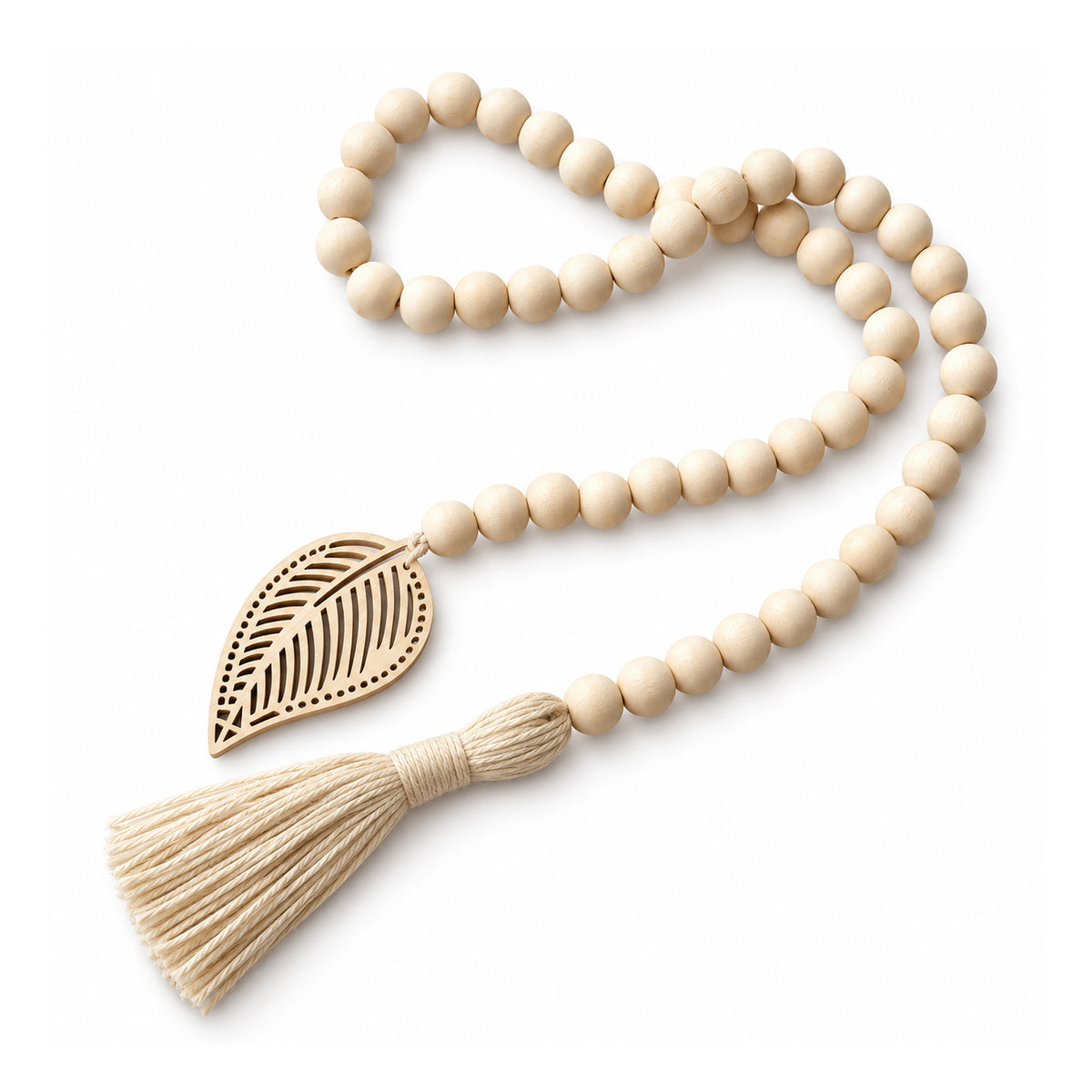 Decorative cream ivory wooden bead garland with carved leaf charm and matching cotton-look tassel