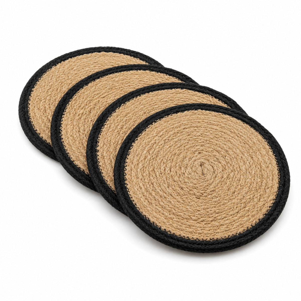Jute black border coaster set on a clean white background