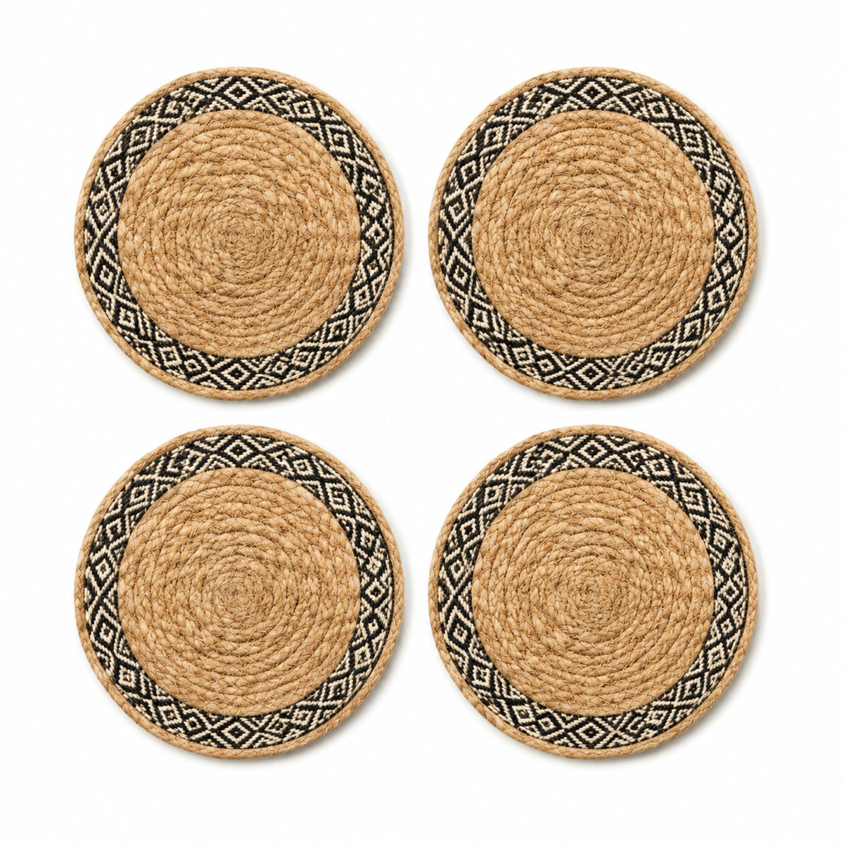 Jute black cream tribal pattern coaster set on a clean white background