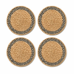 Jute black cream tribal pattern coaster set on a clean white background