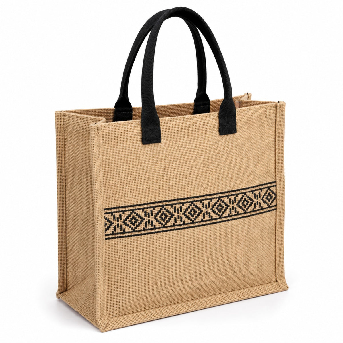 Natural jute tote bag with black geometric woven band and black handles on a white background.