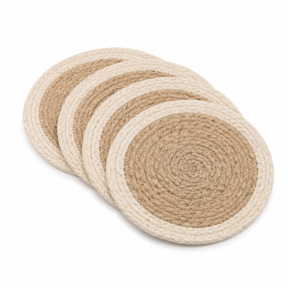 Jute cotton coaster set with ivory edge on a clean white background