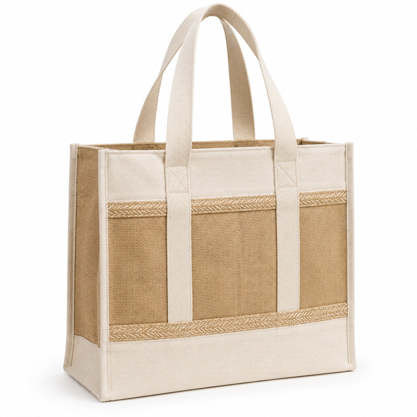 Natural jute and cotton tote bag with ivory reinforced panels and handles on a white background.