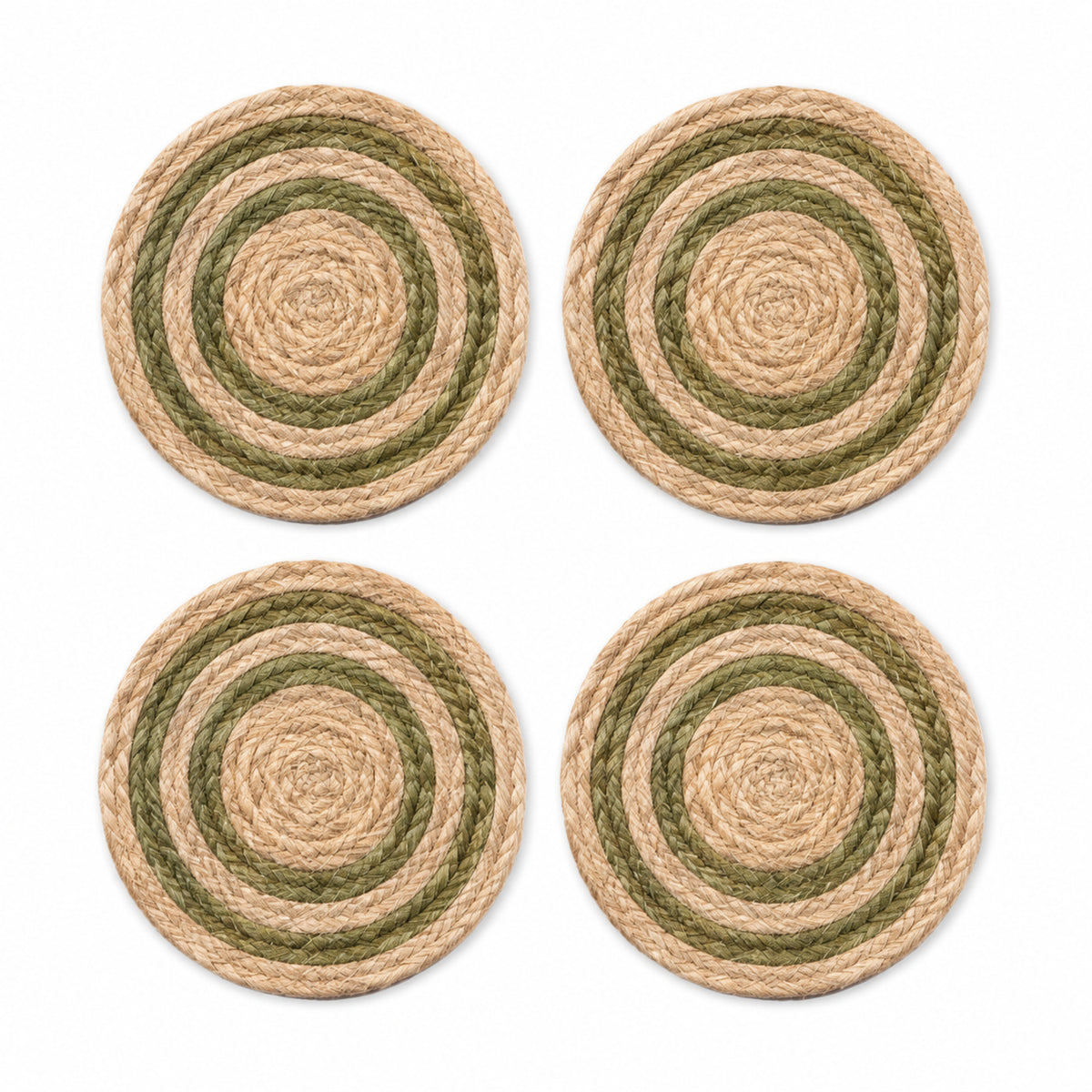 Jute olive concentric ring coaster set on a clean white background