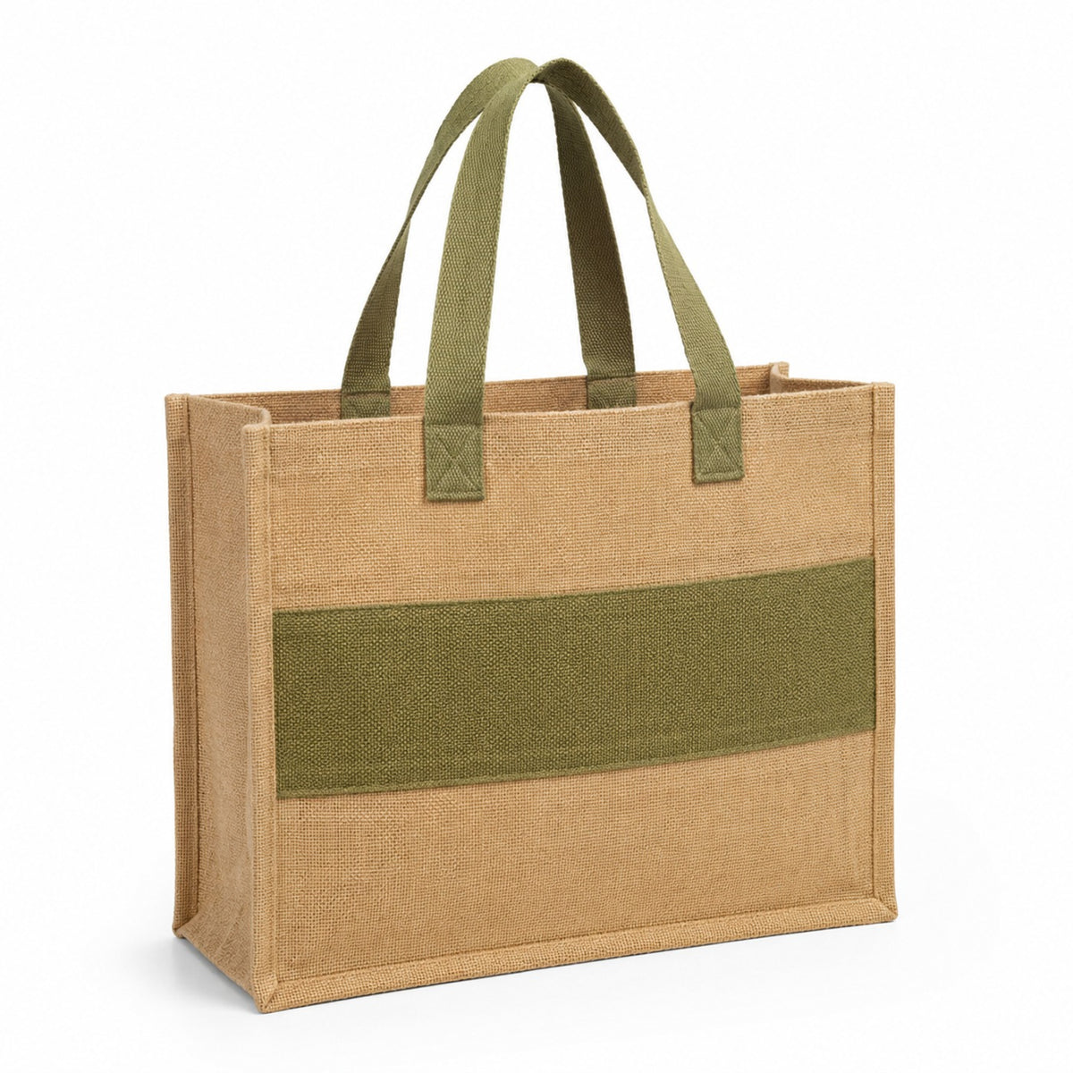 Natural jute tote bag with olive woven front band and olive handles on a white background.