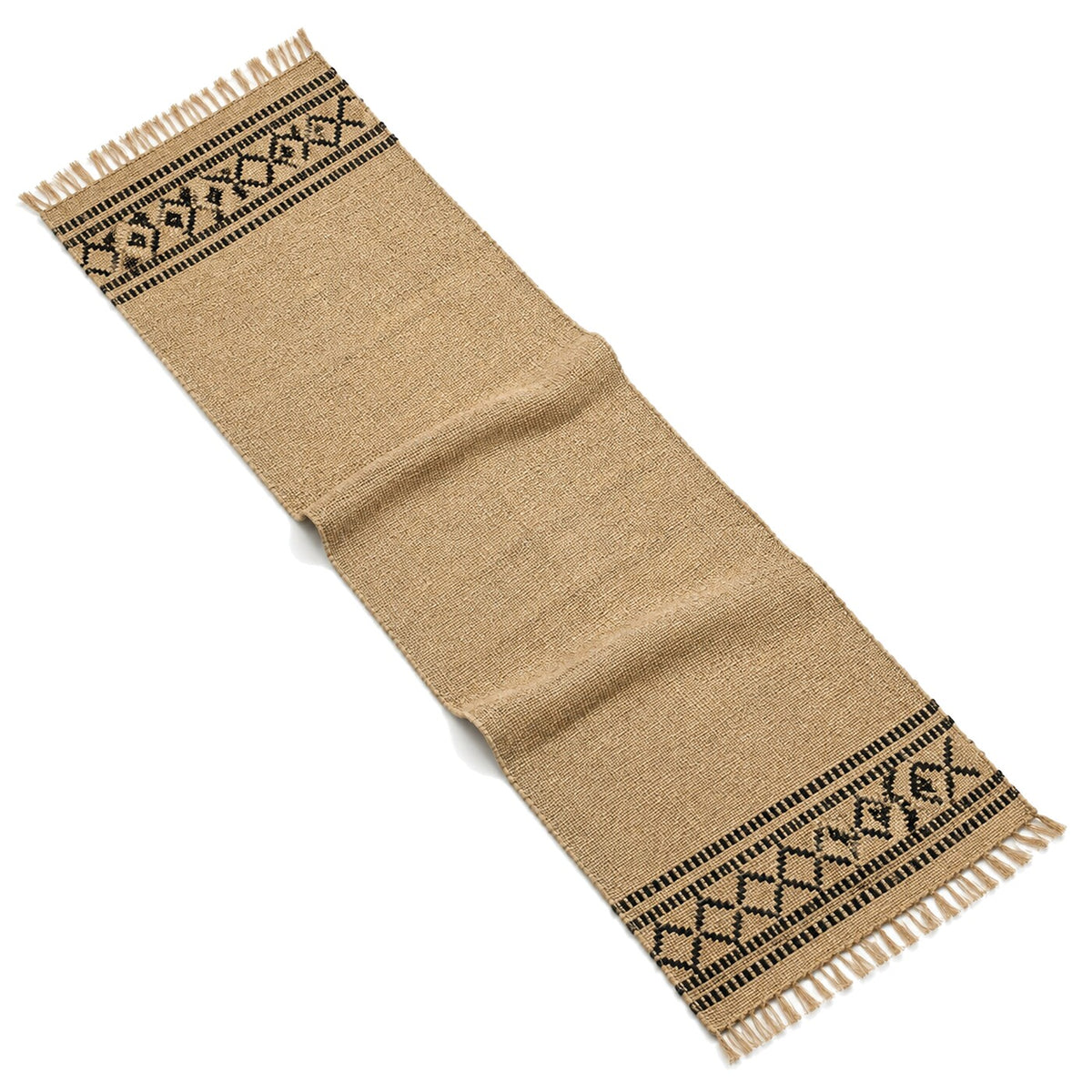 Natural Jute Table Runner with Black Tribal Geometric Pattern | Primeval