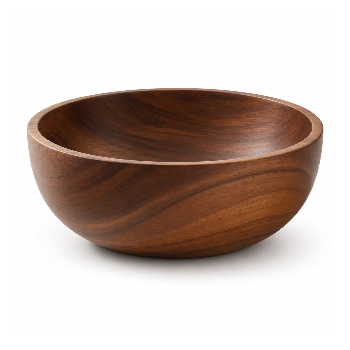 Large dark walnut-tone wooden fruit bowl with smooth curving deep interior and polished flowing wood grain