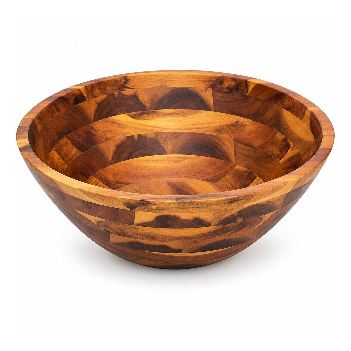 Large round wooden salad bowl with alternating light and dark patchwork grain blocks and deep curved interior