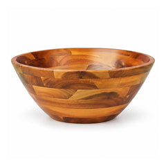 Large rounded wooden salad bowl with mixed dark and honey-brown patchwork grain and wide deep interior