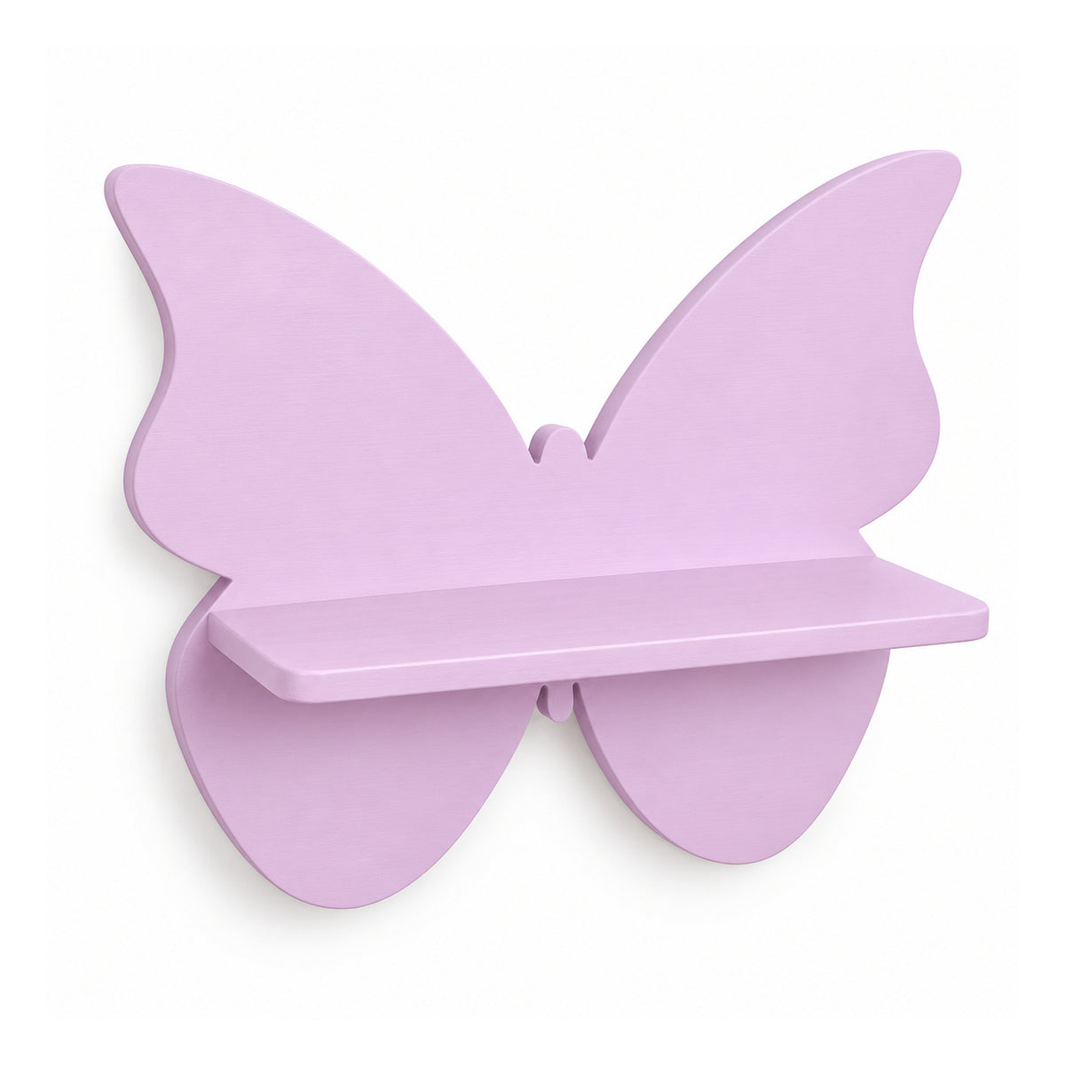 Pastel lavender wooden wall shelf featuring a wide butterfly silhouette with symmetrical wings and a narrow projecting center ledge