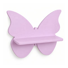 Pastel lavender wooden wall shelf featuring a wide butterfly silhouette with symmetrical wings and a narrow projecting center ledge