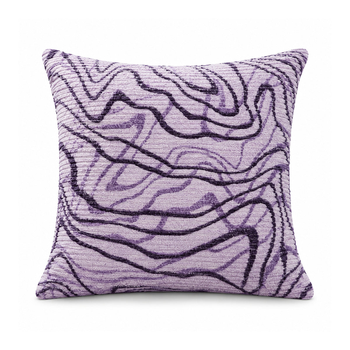 Primeval decorative cushion cover featuring light lavender and deep violet flowing abstract contour lines